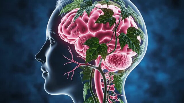 Human head profile with brain and green plant leaves.