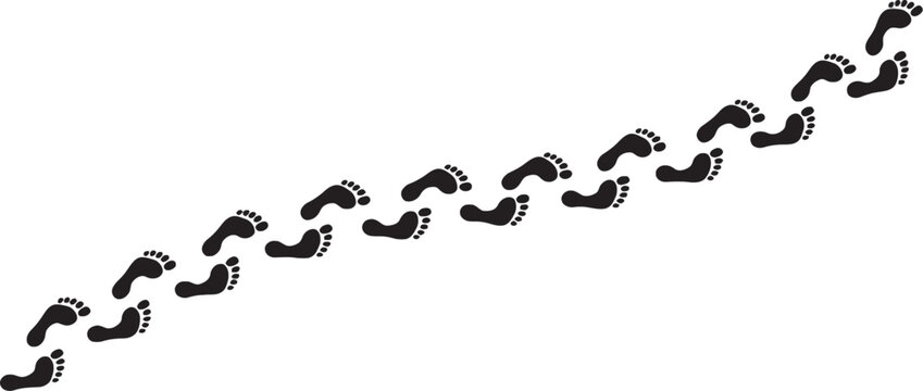 Human footprints tracking path collection with footprint trail icons, walking route symbols and directional track marks for navigation, journey mapping and outdoor activities.