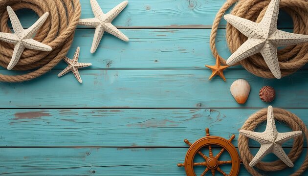 Nautical themed background with starfish and seashells on a blue wooden surface