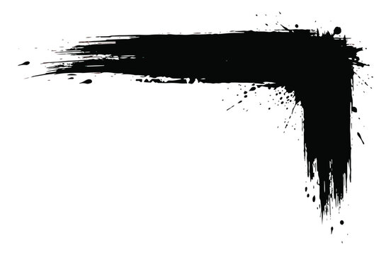 Grunge black ink brush stroke corner, hand drawn paint splatter border vector, textured artistic calligraphy element for graphic design