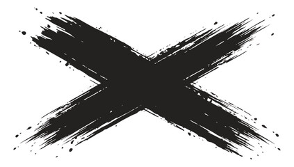 Grunge black brush stroke cross, hand drawn ink letter X with paint splatter, textured artistic cross mark vector on white background © amna