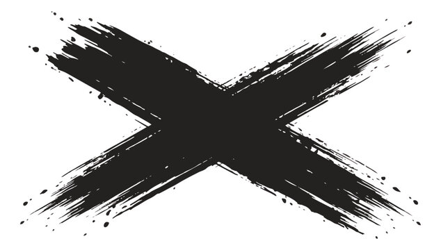Grunge black brush stroke cross, hand drawn ink letter X with paint splatter, textured artistic cross mark vector on white background