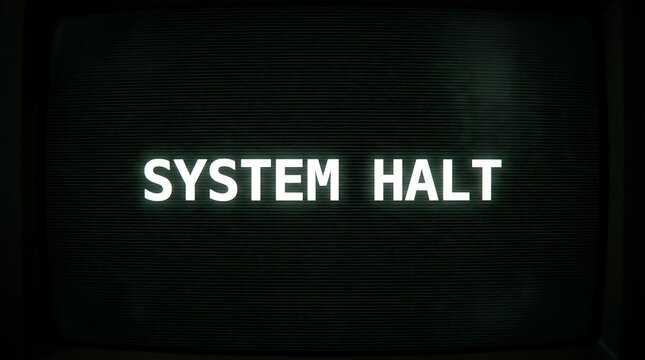 System Halt text displayed on an old retro computer screen with heavy noise and glitch.