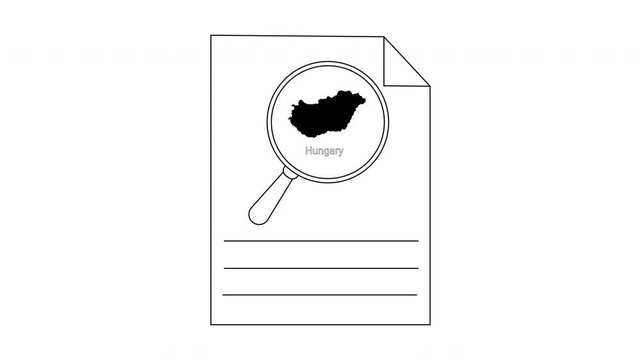 Document with Magnifying Glass Over Hungary Map.
