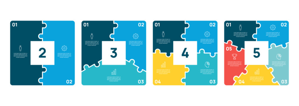 Infographic circle square diagram set. Circular jigsaw chart template 2-5 steps options. cycle diagram for business presentation, vector illustration.