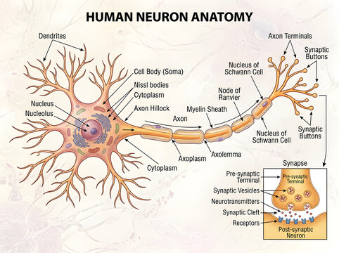 Human neuron anatomy diagram with labeled parts and synapse