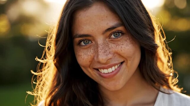 Close up portrait of freckled woman at sunset.