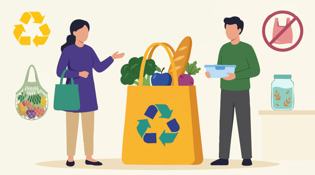 Couple practicing zero waste grocery shopping with reusable items