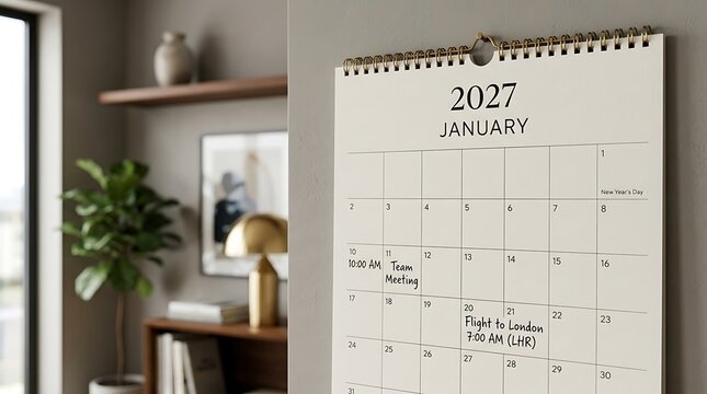 Wall calendar displaying january 2027 with a 10 am team meeting and flight to london noted.