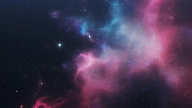 ピンク、青、紫の宇宙塵と遠くの星々が渦巻く抽象的でカラフルな星雲
