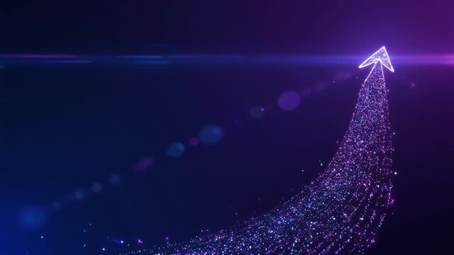 画面右側に光る粒子で形成された右肩上がりの抽象的なデータライン、ビジネス成長コンセプト