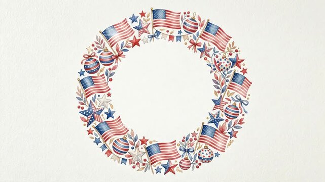 Patriotic Watercolor Wreath with American Flags and Stars for July 4th