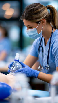 Faceless medical student practicing bag valve mask ventilation on a training mannequin, correct hand position and mask seal visible, defocused training facility in background,