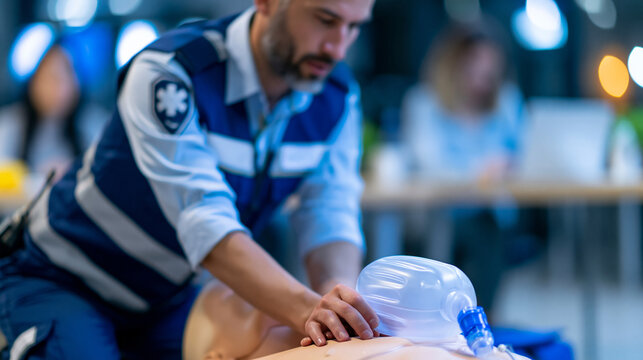 Faceless paramedic using a bag valve mask during chest compressions on a mannequin, dynamic classroom simulation showing coordinated bagging and compression, defocused training