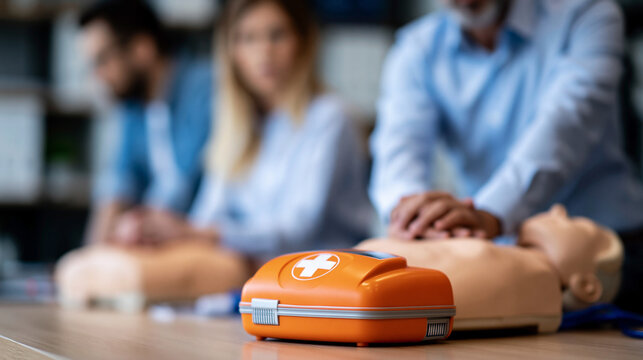 CPR training workshop scene showing faceless participants demonstrating chest compressions and proper use of an automated defibrillator on a training mannequin, defocused workshop