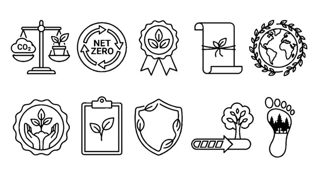 Set of environmental sustainability and net zero carbon emission line icons.