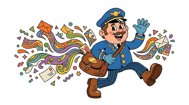 Retro 1970s postman mascot with satchel delivering mail vector