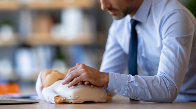 Faceless practitioner giving CPR on a child training dummy, performing artificial ventilation and chest compressions on a baby mannequin, defocused training room in background,