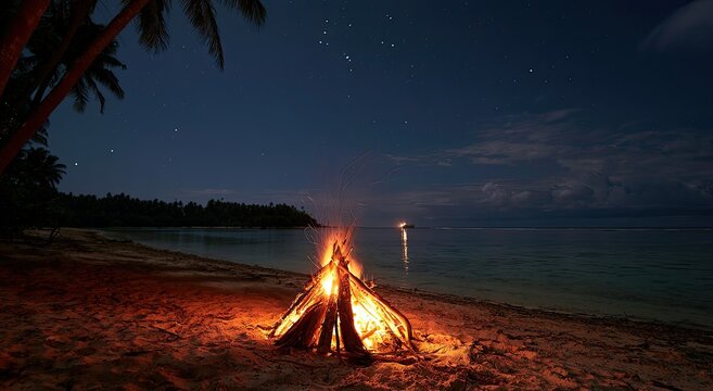 Flickering campfire on a deserted beach under a star-filled night sky