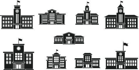 Black school building icons set containing university campus architecture and educational facility symbols on white background © Shahidul