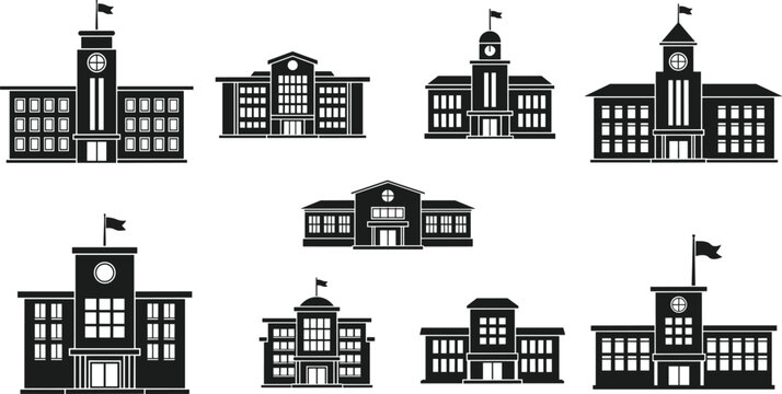 Black school building icons set containing university campus architecture and educational facility symbols on white background
