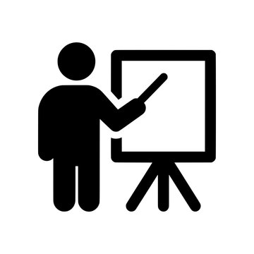 Teacher Presentation icon featuring an instructor presenting information on a classroom board. Clean black and white vector design ideal for education, online learning, training, workshops, and academ