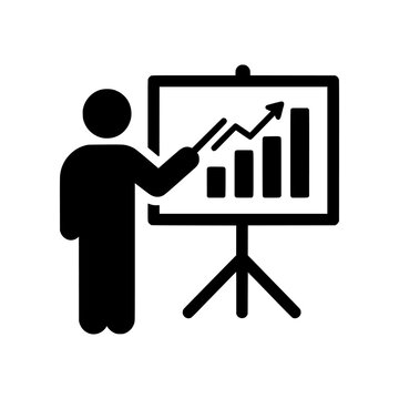 Teacher Presentation icon featuring an instructor presenting information on a classroom board. Clean black and white vector design ideal for education, online learning, training, workshops, and academ