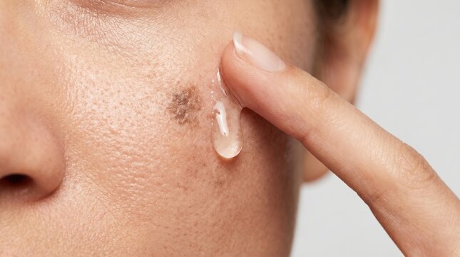 Close up of woman applying clear gel or topical treatment onto a dark skin mole or spot