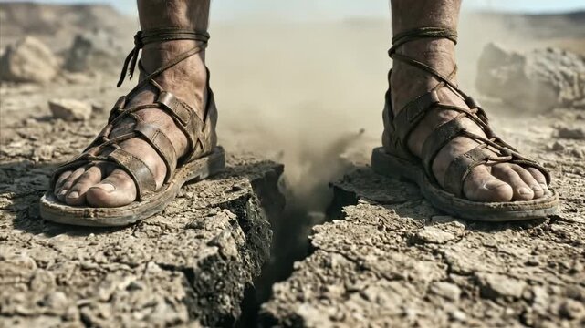 Cinematic Ground-Level Earthquake Effect with Ancient Sandaled Feet on Parched Desert Fissure