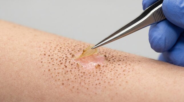 Doctor using medical tweezers to remove peeling skin or scab from healing wound