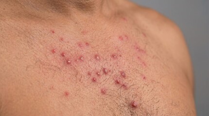 Fototapeta premium Close up of man chest with severe folliculitis pustules and red inflamed hair follicles