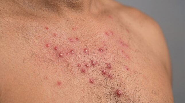 Close up of man chest with severe folliculitis pustules and red inflamed hair follicles