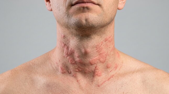 Front view of male neck with severe acute urticaria hives rash and raised red wheals