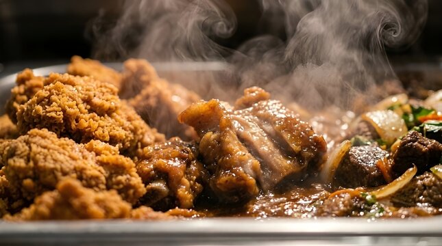 Close-up shot of hot, steaming braised meat and fried chicken in a buffet pan, ready to be served to hungry customers at a restaurant