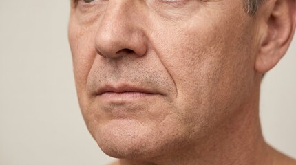 Naklejka premium Close up view of mature middle aged man lower face showing stubble and wrinkles