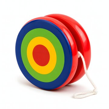 Bright red plastic toy yo-yo with concentric colorful circles and white string isolated on white. Realistic 3D render perfect for retro toys campaign, kids play concepts, and banners.
