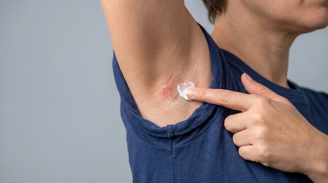 Close up of woman applying soothing medical cream on red irritated armpit skin rash