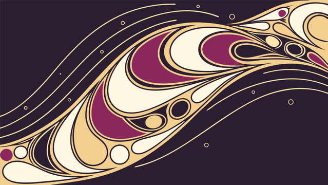 Abstract luxury fluid wave background with gold, cream and magenta flowing shapes, elegant liquid marble and lava lamp design on dark purple, modern vector illustration