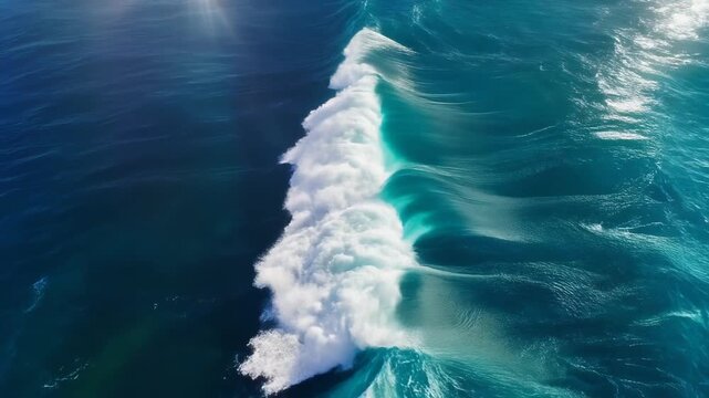 右側に輝く太陽の光が反射して砕け散るターコイズブルーの海の波