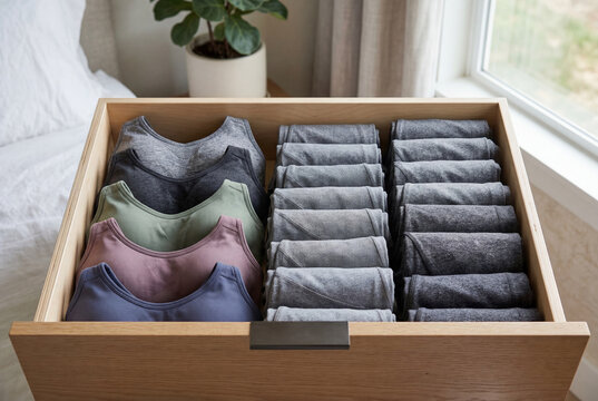 Neatly folded underwear and bras organized in a wooden dresser drawer