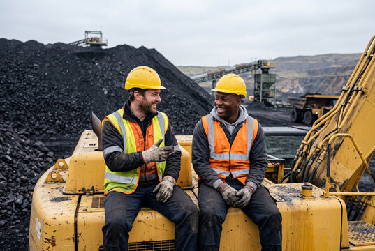 Two construction workers converse while seated on heavy machinery at a coal mining site