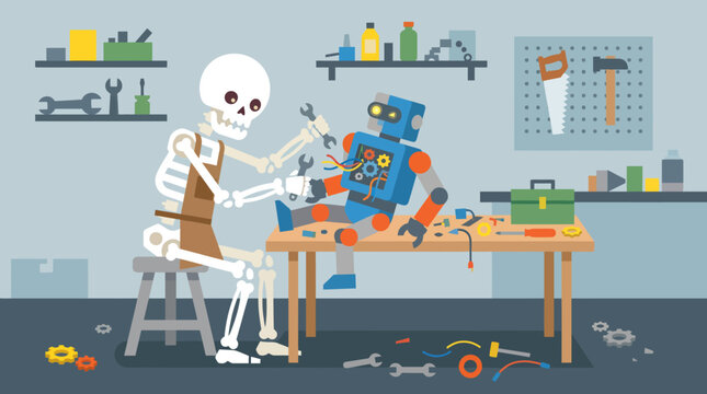 Skeleton mechanic repairing a small blue robot in a workshop