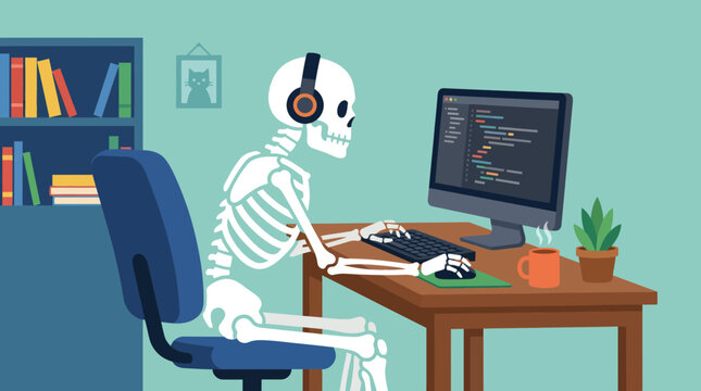 Skeleton developer working on software code in a home office