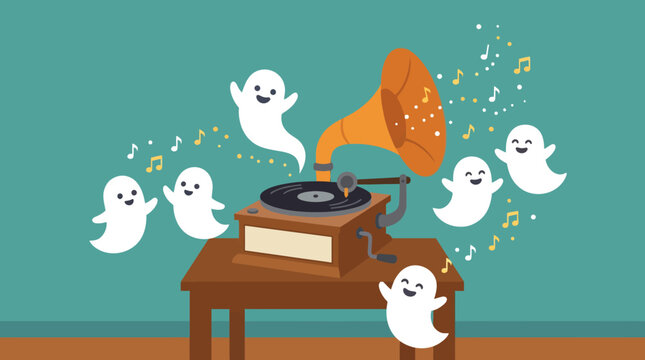 Friendly ghosts dancing to music from a vintage gramophone