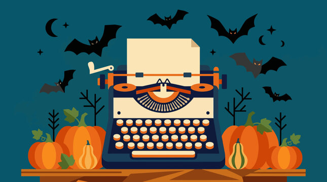 Vintage typewriter with pumpkins and bats for spooky storytelling