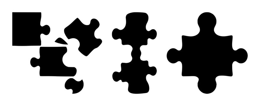 Puzzle piece icon set with solid black silhouette on white background featuring puzzle piece, logic, icon with minimalism and simplicity
