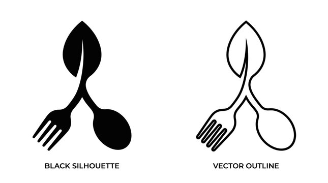 Fork Spoon And Leaf Silhouette With Vector Outline Style
