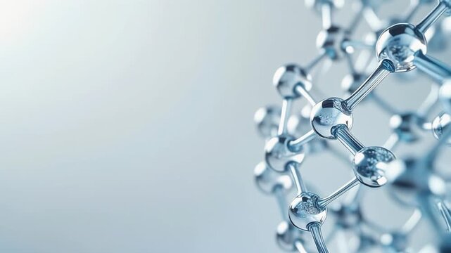 明るい背景の右側にある、微視的なディテールを持つ輝く半透明のナノマテリアル構造
