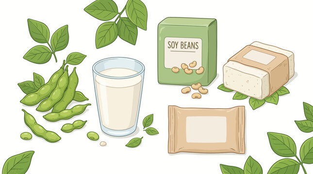 Healthy soybean products with soy milk tofu and edamame beans illustration.