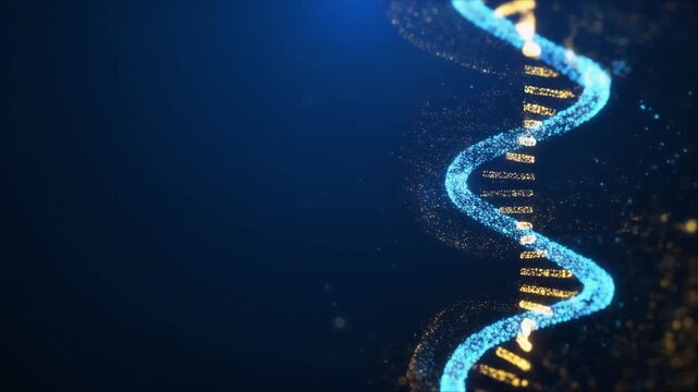 右側に渦巻く光で形成された、光る青と金の粒子のDNA二重らせん構造
